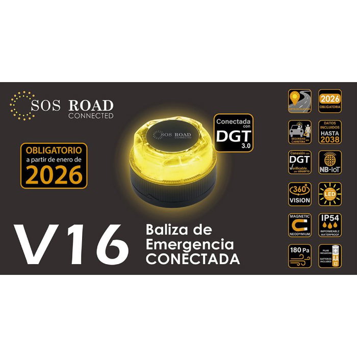 SOS Road Baliza de Emergencia V16 Homologada EL2024 DGT 3.0 Geolocalizable Base Imantada Funciona a Pilas